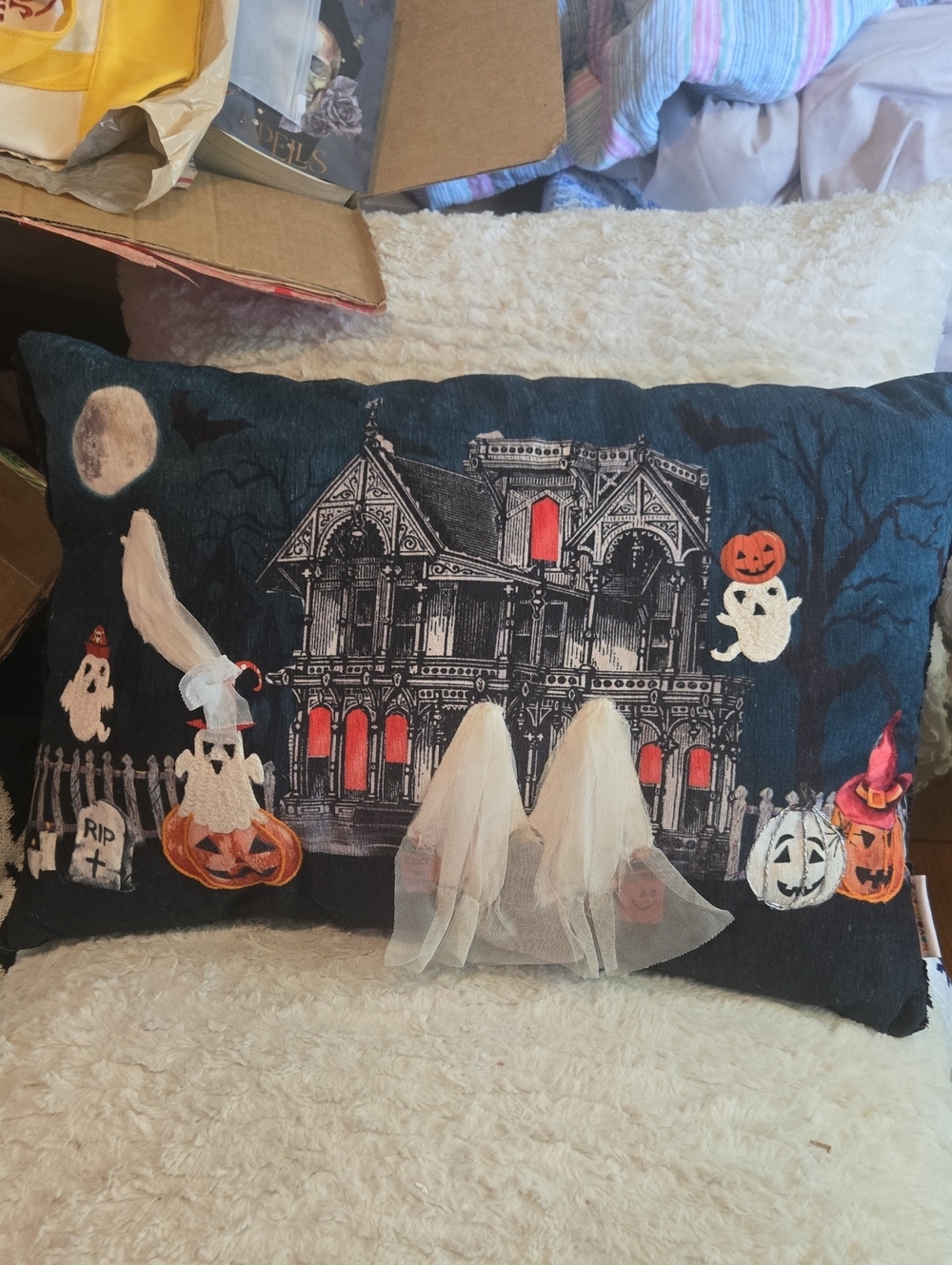 Halloween Haunted House Decorative Pillow - Black with Orange and White Accents